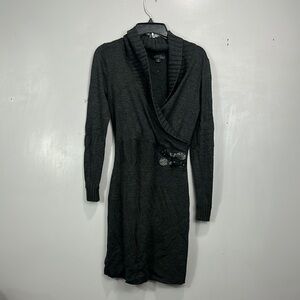 Tahari Gray mixed wool Ribbed V-Neck Sweater Dress